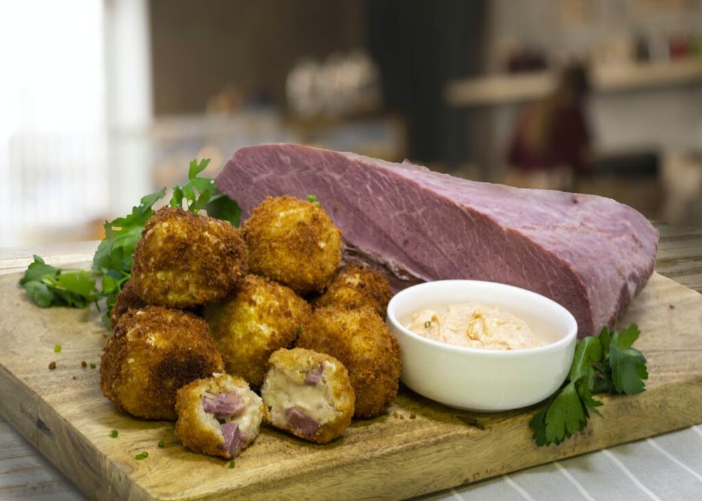 CORNED BEEF HASH CROQUETTES WITH ROAST GARLIC AIOLI